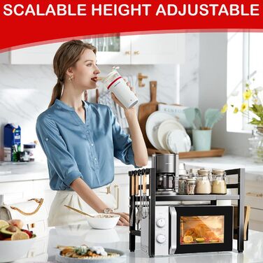 Регульована полиця для мікрохвильової печі UCAMP, розширювана, 2-рівнева, з вуглецевої сталі, для організації кухні, з підставкою для обрізної дошки та 6 гачками (чорна)