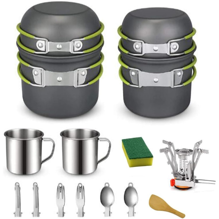 Набір кухонного посуду DUOJIN для кемпінгу на 2-3 особи: алюмінієвий посуд для приготування їжі на природі, портативний набір каструль та сковорідок для кемпінгу, пікніків та походів