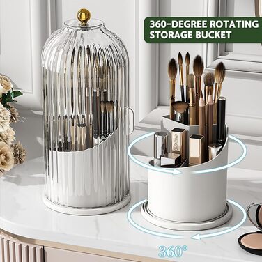 Hidden Toothbrush Holder, Makeup Brush Holder with Lid, 360 Degree Rotating, Waterproof, Dustproof, Organizer, Divided Organizer for Vanity, White