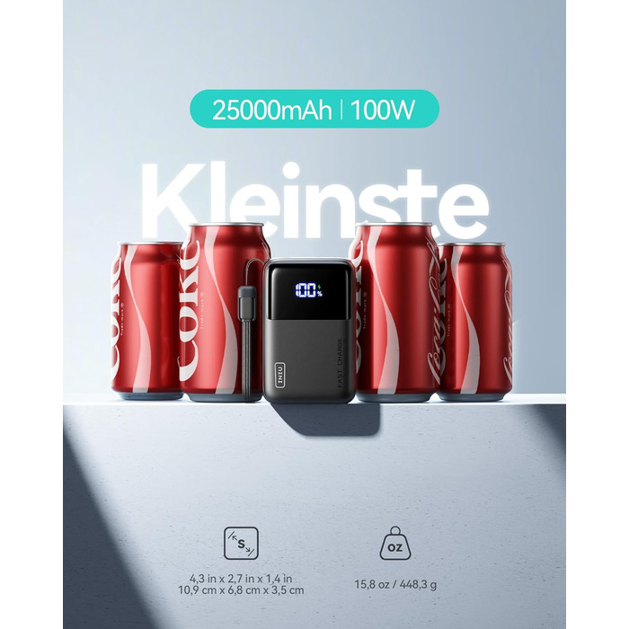 Портативний зарядний акумулятор INIU 100W 25000mAh з USB-C, для ноутбуків, телефонів, iPad, DJI, iPhone, в похід, у подорож, чорний