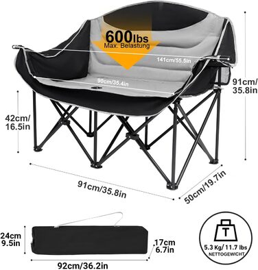 Кампанінг стілець подвійний великий, м'який, з підсклянником, складаний для 2 осіб, чорно-білий