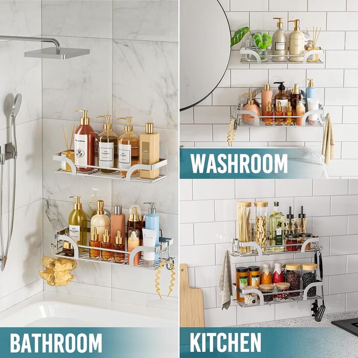 Поличка для душу TAILI без свердління, регульована, набір 2 шт. з гачками, нержавіюча сталь, чорний/срібний, органайзер для душу, кухні, ванної кімнати