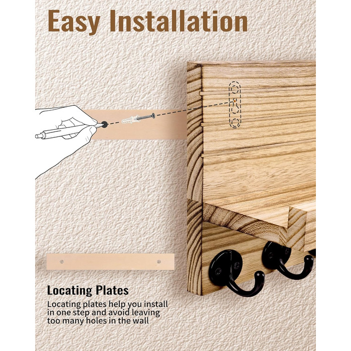 Дерев'яне ключниця з полицею на стіну, декоративне настінне кріплення для ключів, 5 гачків, для прихожої, спальні, вітальні (колір дерева)