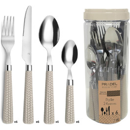 Amefa PAILLE Cutlery Set, 6 People | Dinner Cutlery, 24-Piece | Light-Colored Handles with Woven Design | Cutlery Set 18/0 Stainless Steel | Dishwasher-Safe Cutlery Set | 6 each of Fork, Knife, Spoon & Teaspoon