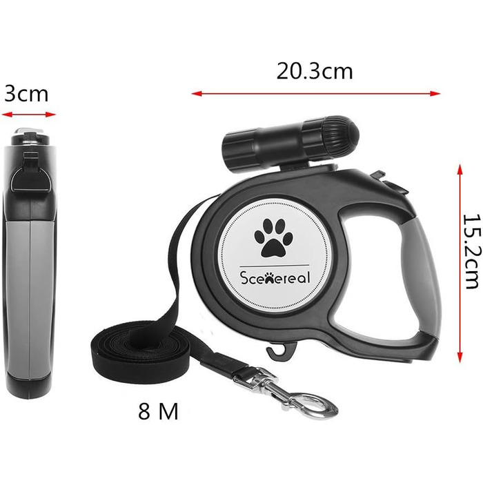Висувна поводок для собак SCENEREAL – 7.8 м, з LED-ліхтариком та дозатором для відходів, до 50 кг, для середніх та великих собак