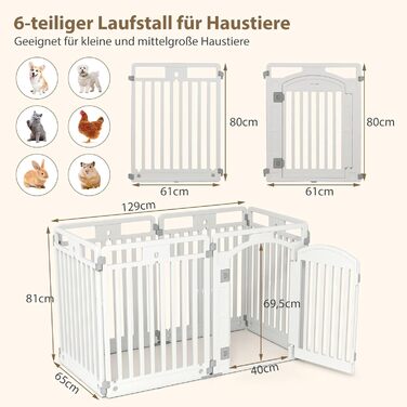 Льоток для цуценят COSTWAY з 6 панелей, білий, 80 см, для дому та вулиці