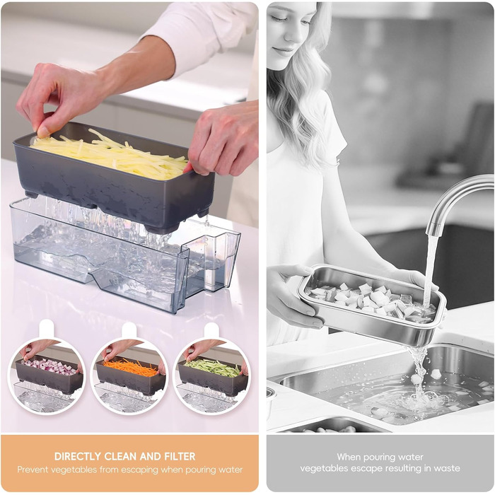 Набір для нарізки овочів ONCE FOR ALL з піддоном, овочевий слайсер, для нарізки картоплі фрі та картоплі, нарізчик цибулі, слайсер огірків - кубик-нарізач (оновлення Space Grey + комплект кошиків кольору асфальт)