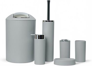Комплект аксесуарів для ванної кімнати 6tlg Badset: органайзер, мильниця, стакан для зубних щіток, відро для косметики, щітка для унітазу з тримачем, мильниця, сміттєвий бачок, тримач для зубних щіток (Сірий, дизайн 2a)