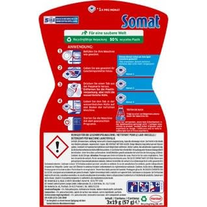 Очищувач для посудомийних машин SOMAT 5in1 Anti-Kalk, засоби для щомісячного чищення та догляду за технікою, 6 упаковок по 3 таблетки (всього 18 шт)