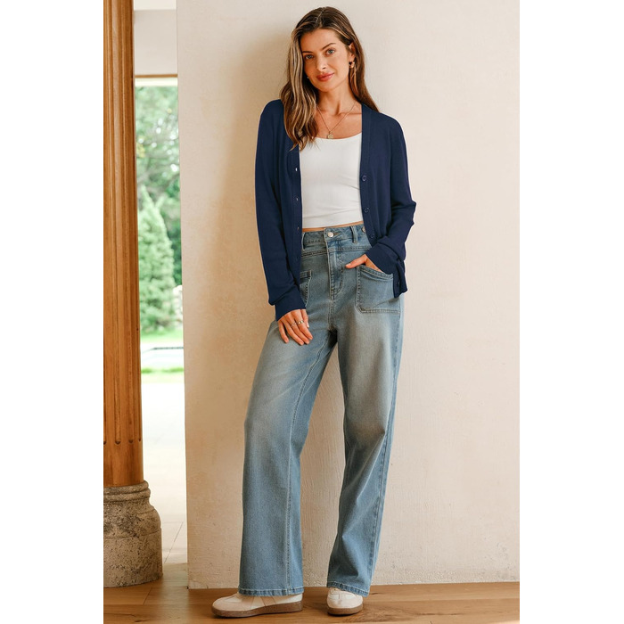 Жакет Arach&Cloz з вовняної суміші, в'язаний, V-подібний виріз, елегантний кардиган, короткий рукав, з ґудзиками, повсякденний топ (A-navy, XXL)