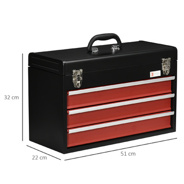 DURHAND Tool Case Practical Tool Box without Tools 3 Drawers with Handle Steel Lock Black Red
