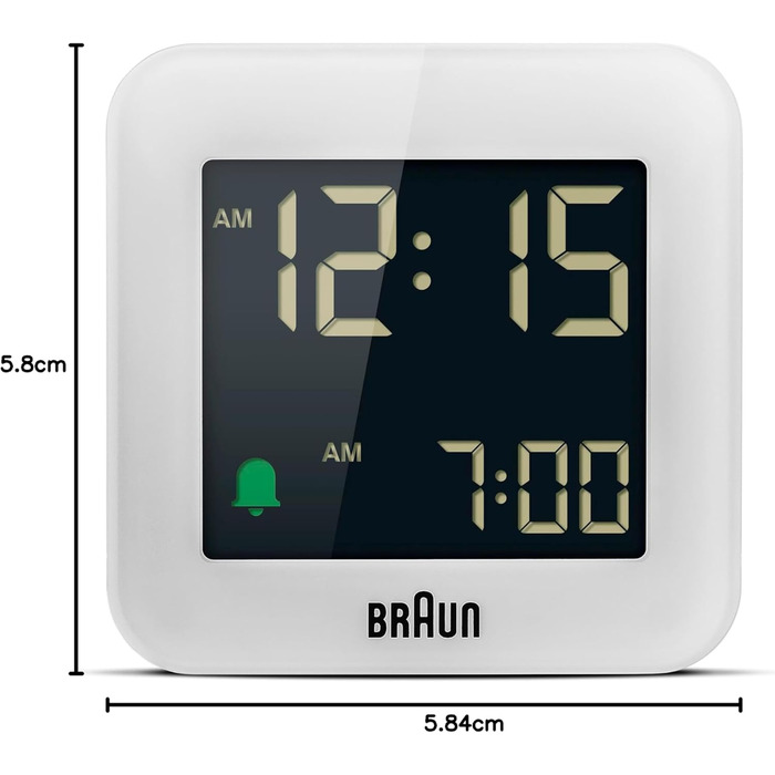 Braun Digital Travel Alarm Clock with Snooze Function, Compact Size, Negative LCD Display, Quick Set Function, Crescendo Alarm in White, Model BC08W.