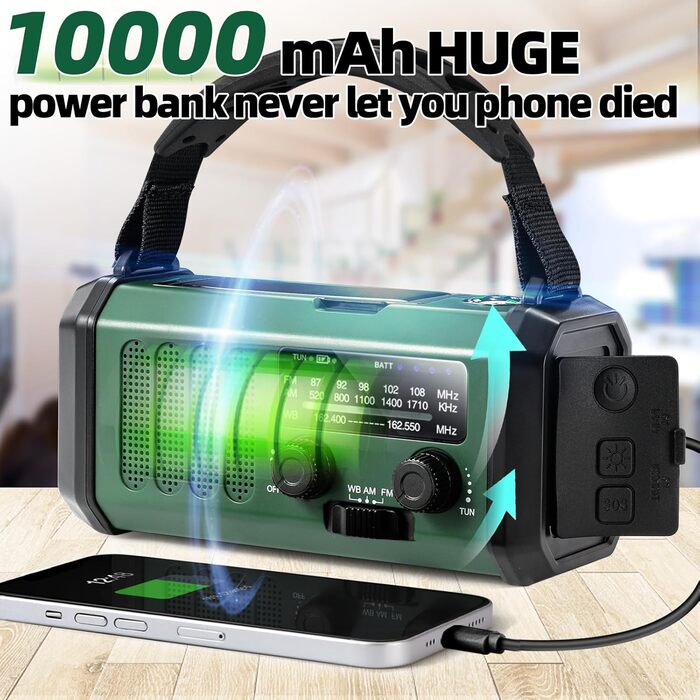 Радіо на ручному приводі з сонячною панеллю та ручкою, 37000 мWh, NOAA AM/FM, з ліхтариком та зарядкою для телефону, для дому та надзвичайних ситуацій