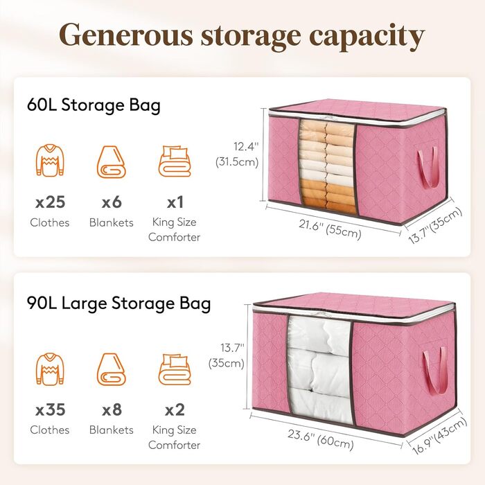 Коробки для зберігання Lifewit 90L (6 шт.) з кришкою, рожеві. Органайзери для одягу, постільної білизни, речей. Ідеально для переїзду та зберігання.