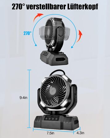 Портативний вентилятор для кемпінгу з акумулятором 10000mAh, LED-ліхтар, 270° обертання, USB-зарядка, для намету, відпочинку на природі, риболовлі, офісу (Чорний)