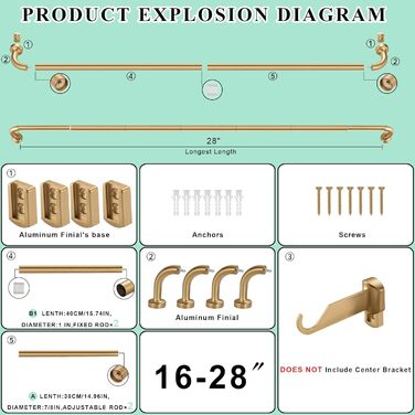 Штанга для штор Warmgold – діаметр 2,5 см, регульована штанга для затемнення з алюмінієвими наконечниками та кріпленнями, 71–381 см (2 шт. 16–28 см, тепле золото)