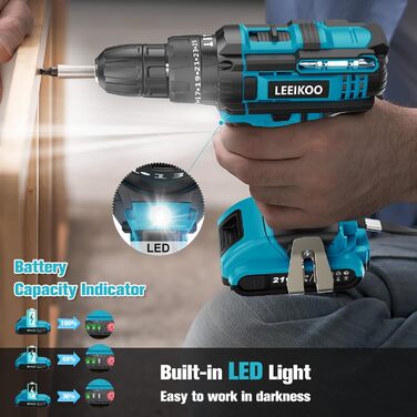 Акумуляторний шуруповерт LEEIKOO 21V з акумулятором 2.0Ah, 42N.m, 10мм патрон, 2 швидкості, 18+1 момент, 20шт аксесуарів, LED, сірий