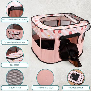 Складаний вольєр для тварин Belle Vous Pink - для собак та котів, знімний дах, для дому та вулиці