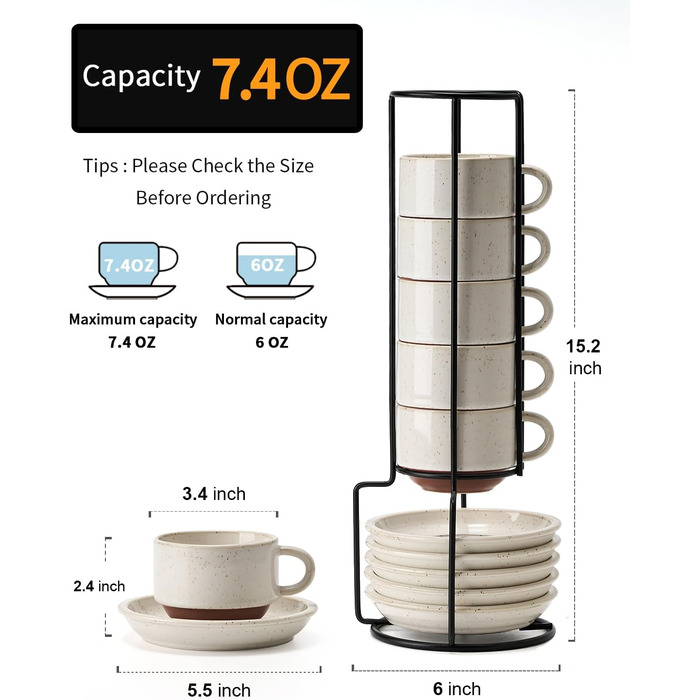 Набір чашок для еспресо HOME DECOR - 6 чашок з підставкою, 140 мл, кераміка, з реактивною глазур'ю, для еспресо, капучино, лате