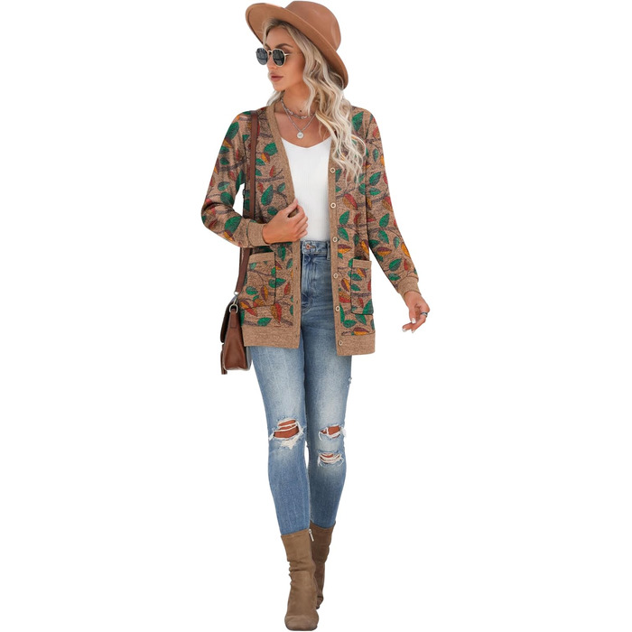 Жіночий трикотажний кардиган Grecerelle з довгими рукавами, V-подібним вирізом, з кишенями та ґудзиками, осінь, колір 'Коричневе листя'