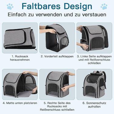 Рюкзак для тварин до 10 кг з сіткою, дихаючий та легкий, з внутрішнім шнуром безпеки та килимком (сірий)