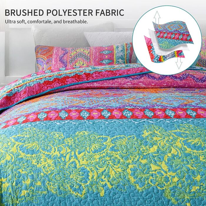 Qucover Boho Bedspread 220x240cm Duvet Cover for Double Bed Quilted Blanket with 2 Pillows Indian Style Boho-3 220x240cm+50x75cm x2