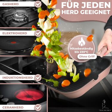 Гриль-сковорода NEU 28 см з виливом та знімною ручкою, антипригарна, без PFOA, для індукції, жаростійка, рожева