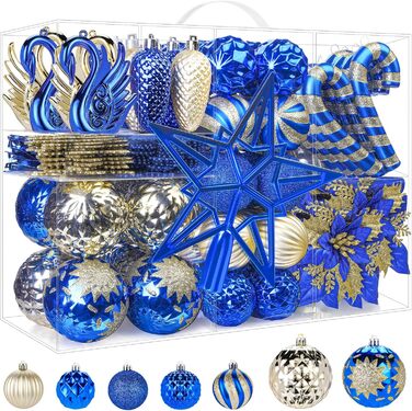 Набір прикрас на ялинку Alupssuc 128 шт: ялинкові кулі, квіти, стрічки, верхівка, гачки (чорний & золото, синій & золото)