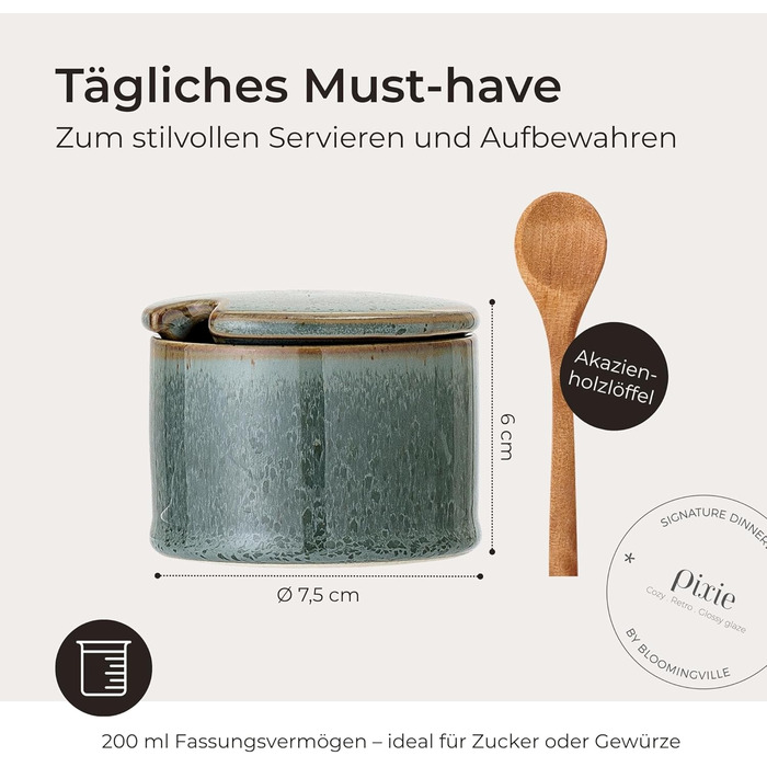 Ваза Bloomingville Pixie з кришкою та ложкою з акації, зелено-коричневий, 200 мл, придатна для миття в посудомийній машині – ідеально для зберігання цукру, спецій та дрібних кухонних інгредієнтів
