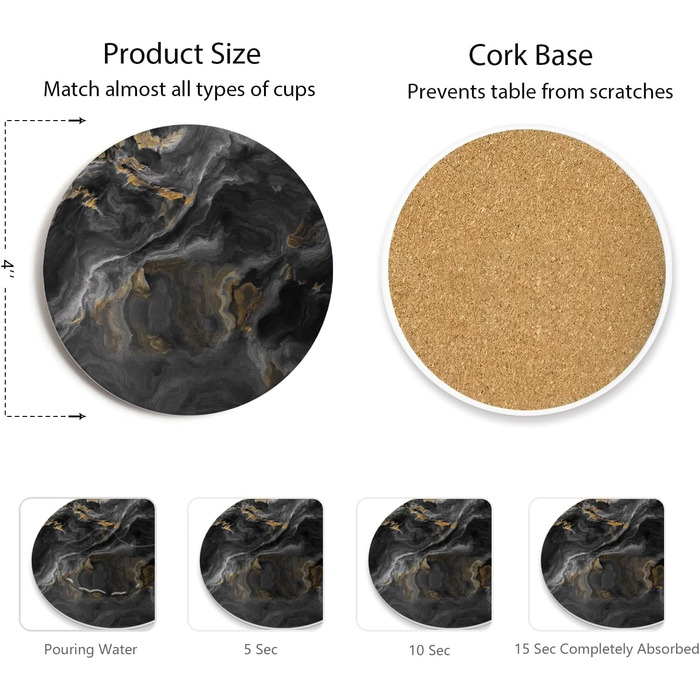 Set of 6 abstract dark blue marble coasters with holder, absorbent ceramic coasters for drinks, coasters with cork backing for table protection, housewarming gifts (Abstract Black Marble)