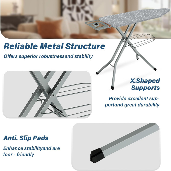 Гладильна дошка STANEW XXL 120 x 45 см – розкладна та регульована по висоті з системою безпеки, підставкою для праски та неслизькими ніжками