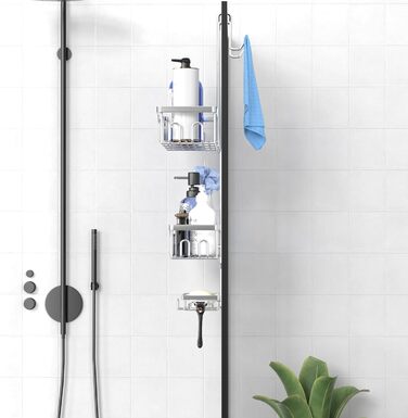 ZUIMENG Shower Shelf, 3 Tier Shower Caddy, No Drilling Shower Shelf, Bathroom Shelf Shower Basket Hanging, Shampoo Holder Shower Hanging Shelf for Glass Door Shower Wall with Soap Dish and Hooks (Silver)