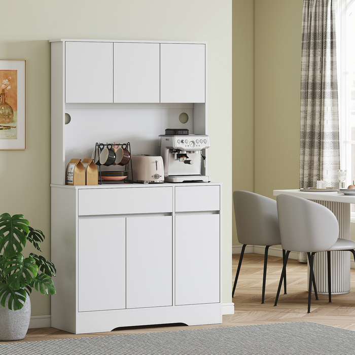 HOMCOM Kitchen Cabinet Buffet with Countertop, 6 Doors, Tall Cabinet with Adjustable Shelves, Cable Holes, Microwave Cabinet Modern Storage Cabinet, White, 100 x 38 x 180 cm | Aosom