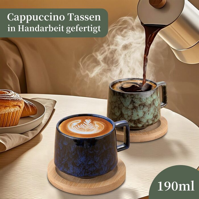 Набір з 4 чашок еспресо 190мл з дерев'яними підставками, керамічні чашки для кави, американо, лате, кави, мока та чаю (бежевий+блакитний+темно-синій+темно-зелений)