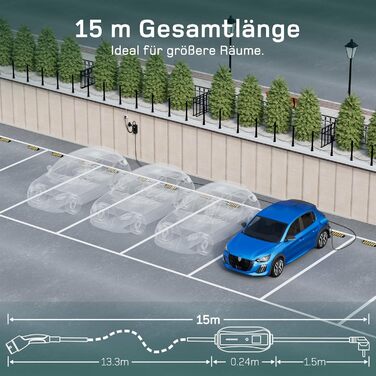 Кабель для зарядки електромобіля Schuko 3.68kW (15м) з цифровим дисплеєм, 6-16A, сумісний з 3008/508, C5X, DS7, GLA, Q3, X3, ZOE, ID.3, ID.4 та іншими PHEV/EV