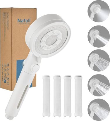 Nafall Shower Head with Filter - High-Pressure Handheld Shower Head with Water Saving Design and 1.5 M Hose, Shower Head with 5 Spray Patterns and Stop Function, Shower Head with Hose, Chrome (White)