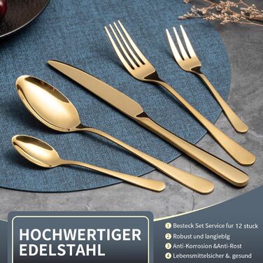 LAZAHOME Cutlery Set, Stainless Steel Mirror Polished 60-Piece Cutlery Set for 12 People, Dining Cutlery Set with Knife Fork Spoon for Family/Party/Hotel/Restaurant, Gold Flatware, Dishwasher Safe Gold 60 Pieces