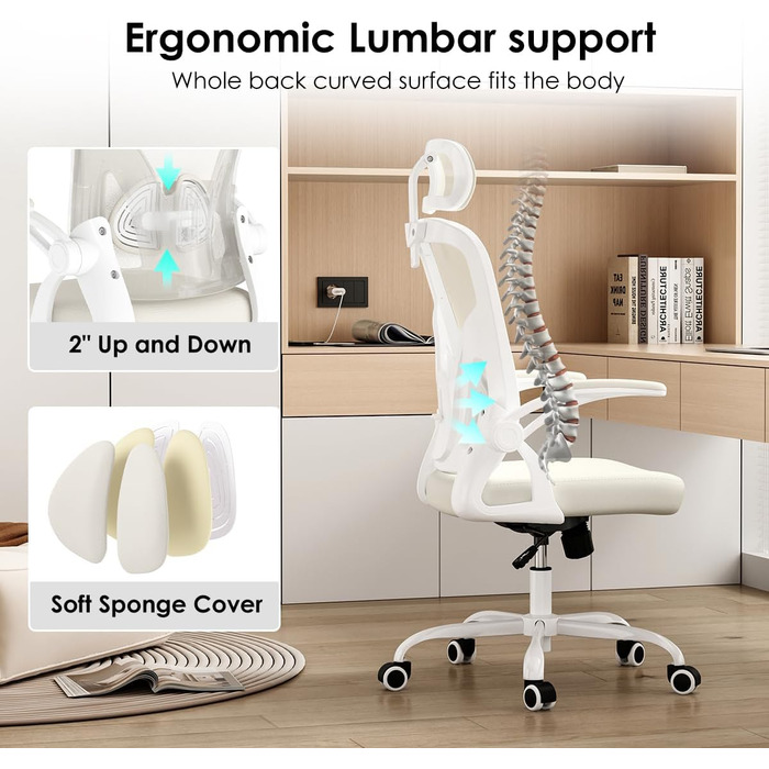 Ергономічне крісло Farini з регулюванням висоти, для офісу та дому, з підголівником, 150 кг, на роликах (білий)