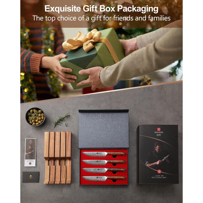 XINZUO Damascus Chef's Knife Set - 67 Layer High Carbon Steel, Professional Gyuto Knife with Rosewood Handle (5-Piece Steak Knife Set)