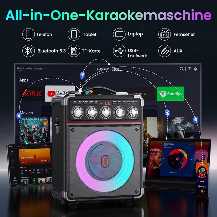 Караоке машина JYX з 2 бездротовими мікрофонами, портативна караоке система з підсвіткою RGB для дорослих та дітей - портативна Bluetooth караоке-бокс з мікрофоном та PA-динаміком, чорний Tx05