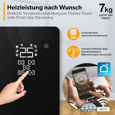 Електричний конвектор TRESKO® з Wi-Fi, LED-дисплеєм та таймером | Склокерамічний нагрівач | 2000 Вт (1500 Вт)