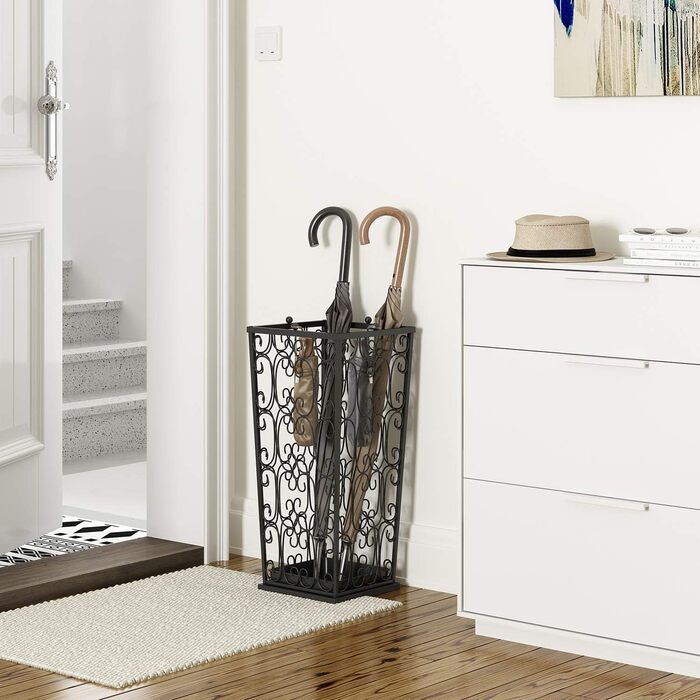 AcornFort Large Black Metal Umbrella Stand with 4 Hooks - Entryway, Office, Hallway Storage - Water Resistant Base (56x25x25cm)