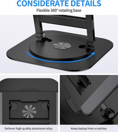 AOEVI Adjustable Laptop Stand with 360° Swivel Base - Ergonomic Foldable Laptop Riser for Desk - Compatible with MacBook Pro/Air & Notebooks up to 16 inches - Black