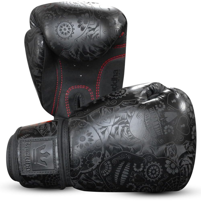 Buddha Fight Wear Luzbel Boxing Gloves - Muay Thai & Kickboxing - Premium PU Leather - Odor Resistant - Reinforced Stitching - 16oz - Black & Matte Black