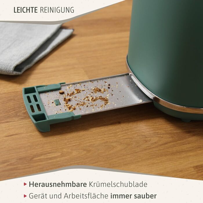 Тостер Nordic з широким слотом, 2-х місний, 6 рівнів підсмажування, функція підігріву та розморожування, зйомний піддон для крихт, північний дизайн, 870 Вт, зелений