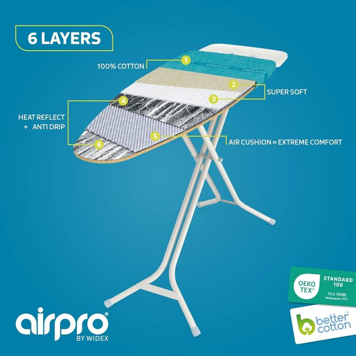 Airpro by Widex 6-layer ironing board cover for steam irons - Size L universal max 120x42 cm - no more water under the ironing board - irons up to 50% faster - Made in Europe Linen L