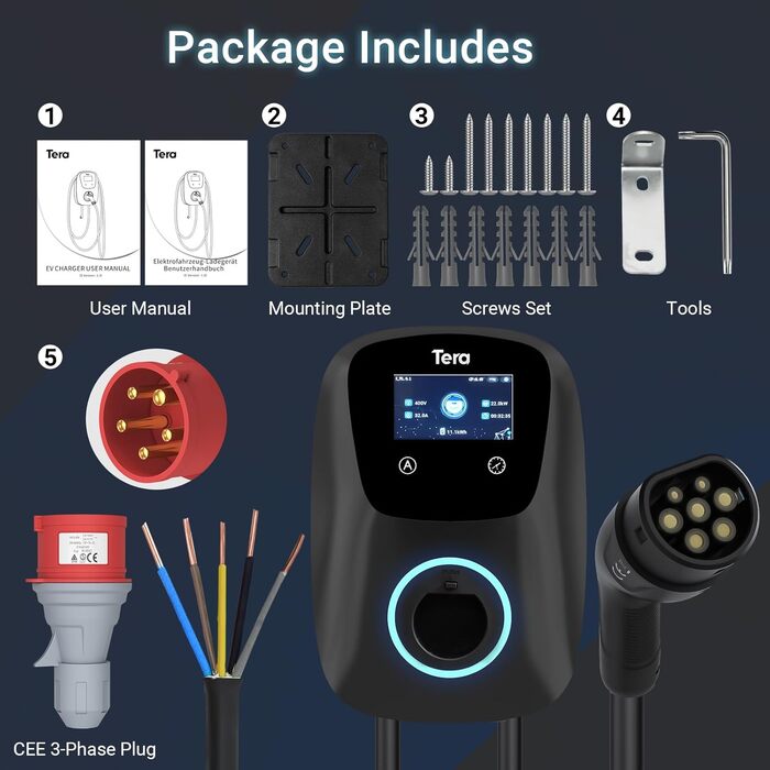 Володіння Tera EV: Смарт-зарядний пристрій 22kW/11kW з App, Typ 2, 400V, Wallbox, 7м кабель, CEE 3-фазний, для електромобілів та PHEV