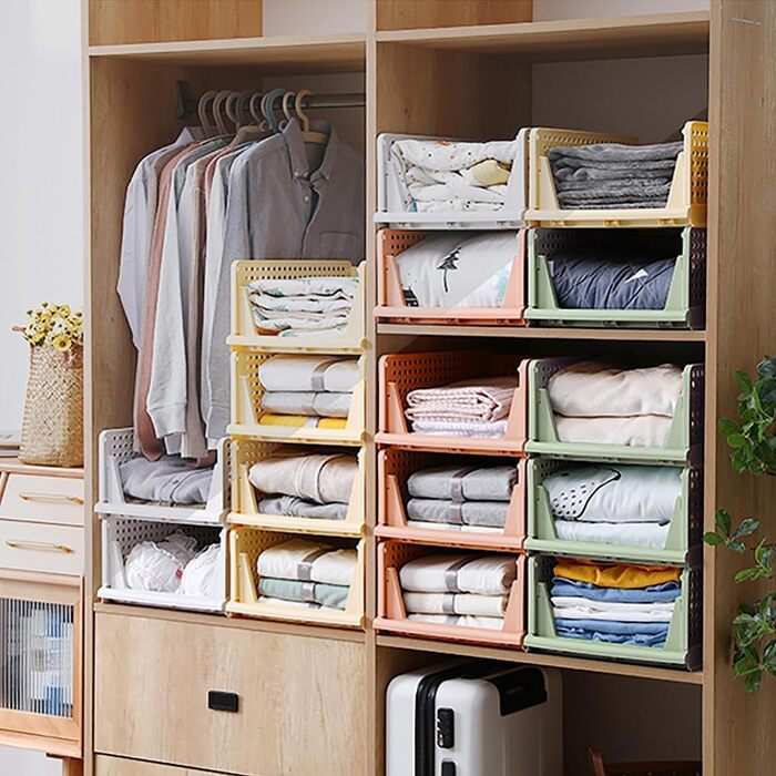 4 Pack Stackable Foldable Closet Storage Box Organizer (Easy Open and Fold), Plastic Closet Shelf Organizer Box, Bedroom, Kitchen (Pink)