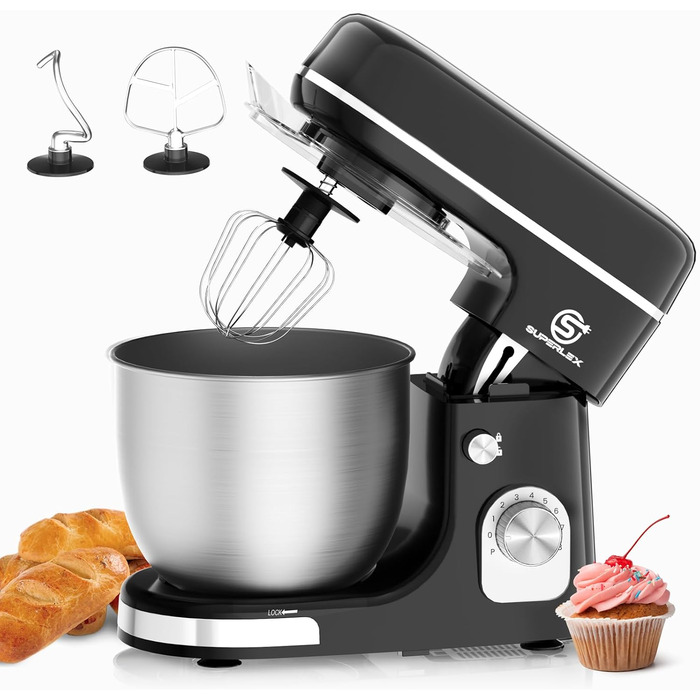 Кухонна машина SUPERLEX 3-в-1: міксер, тістоміс, блендер. 1300W, 5л чаша з нержавіючої сталі, 8 швидкостей, з набором насадок (крюк, вінчик, вінчик для збивання), захист від бризок. Для приготування тіста, випічки та десертів.