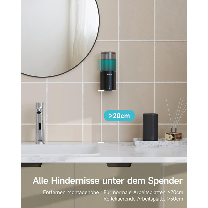 Автоматичний дозатор мила AIKE для рідкої мила, настінний, для кухні та ванної кімнати, IPX7, водонепроникний, 400 мл, з нержавіючої сталі, чорний матовий
